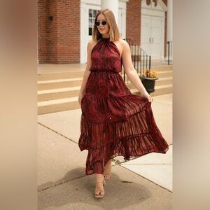 Sarah Hann Alexis Tiered Halter red maxi dress size XL